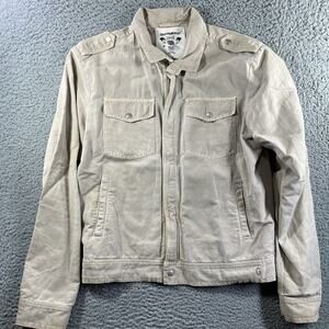GUESS JACKET MENS XL TAN FULL ZIP LINEN BLEND VINTAGE 1981 UTILITY Y2K POCKETS